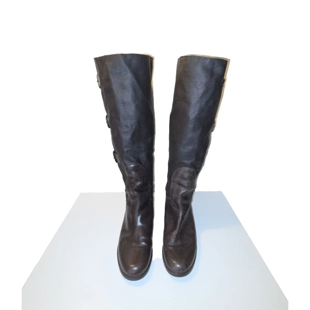 Stuart Weitzman Brown Leather & Coated Canvas Knee-High Boots Women's Size 8